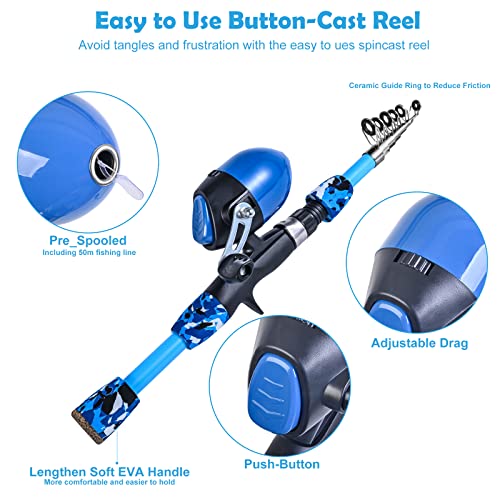 LEOFISHING 170cm/5.6ft Kids Fishing Rod Set Portable Telescopic Kids Fishing Poles with Collasible Chair Fishing Net Carrier Bag and Full Kits for Boys and GirlsBeginner and Youth