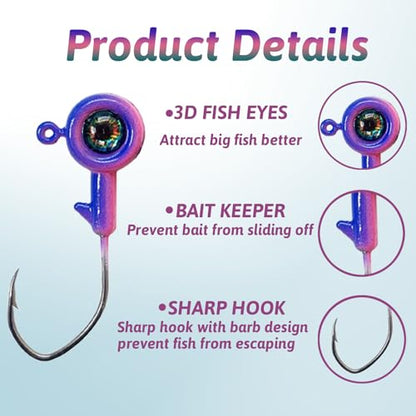 Crappie Jig Heads with 3D Eyes, 40 Packs - 1/32oz, 1/16oz, 1/8oz Jigs for Bass, Trout, Panfish - color: 1/16oz