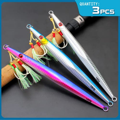 3pcs Saltwater Vertical Fishing Jigs Metal Jigging Spoon | Speed Fast Deep Sea Jigging Fishing Lures Luminous Lead Jigs with Assist Hooksfor Tuna Bass Dogtooth Grouper(5.29oz/5.64oz) - color: C-speed fast sinking fishing jigs 5.64oz