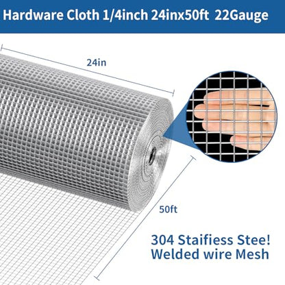Stainless Steel Welded Wire Mesh, 1/4 inch Hardware Cloth, 22 Gauge Chicken Wire Fence Mesh Cage Poultry Garden Plant Support Containment Fence(24in×50ft) - size: 1/4inch 24in x 50ft