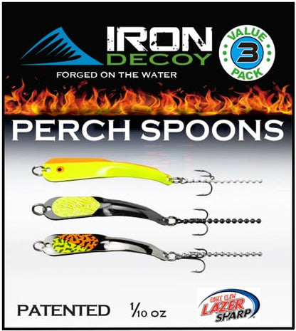 IRON DECOY Spoon Fishing Lures 3-Pack, Multi-Species Metal Spoons for Trout, Walleye, Bass, Salmon, Pike, Ice Fishing & Trolling, Vibrating Spoon Lure Kit - color: Perch, 1/10 oz
