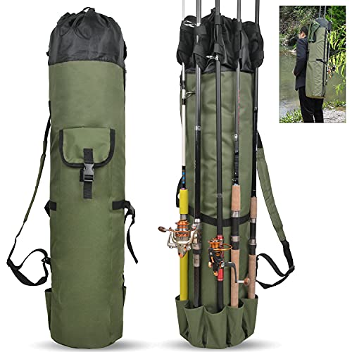 SILANON Fishing Rod Bag Pole Holder, Portable Fishing Rod Case Carrier Canvas Pole Storage Bag Travel Carry Case Waterproof Fishing Tackle Gear Organizer - color: Khaki Green