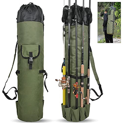 SILANON Fishing Rod Bag Pole Holder, Portable Fishing Rod Case Carrier Canvas Pole Storage Bag Travel Carry Case Waterproof Fishing Tackle Gear Organizer - color: Khaki Green