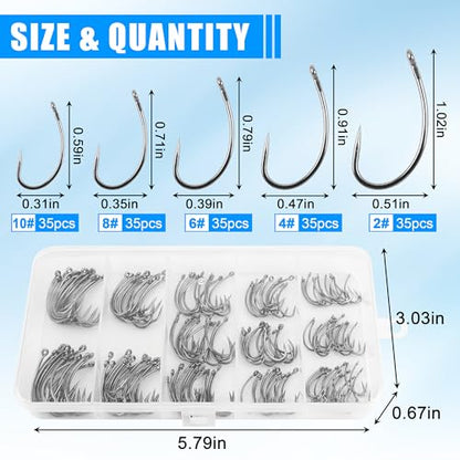 175pcs Barbless Fishing Hook Kits,Small Size Carp Fishing Hooks Curve Shank Crank and Wide Gape Fly Tying Hooks Circle Hook with Tackle Box Size 2#,4#,6#,8#,10#