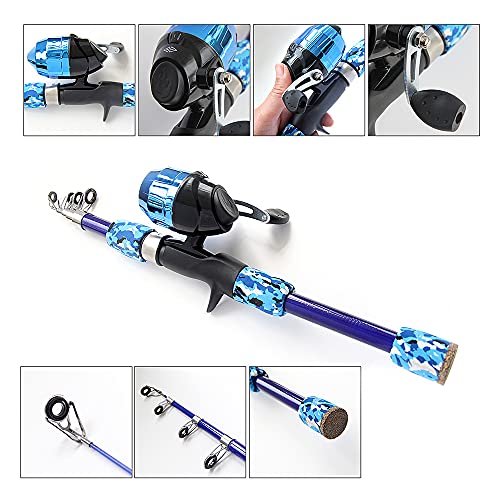 Kids Fishing Pole Spincast Youth Fishing Pole Tackle Box - with Net,Travel Bag,Rod and Reel Kit for Boys and Girls, Youth or Beginner’s - color: Blue