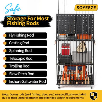 SOYEEZE Fishing Rod Holders for Garage, DIY Pegboard for Reels & Fishing Accessories, 12 Rod Capacity Fishing Pole Holder and 3-Tier Shelf for Tackle Box, Fishing Gear Organizer