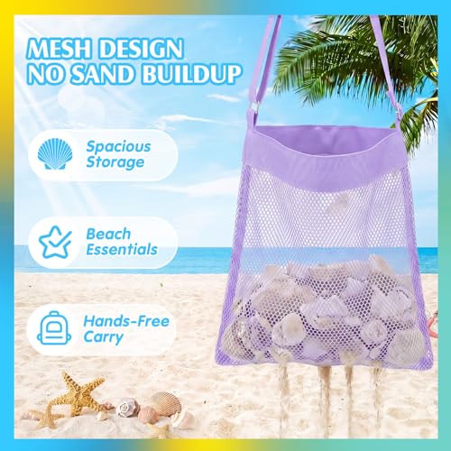 VioraWhite 2 Pcs Extra Large 14 x 16inch Clam Mesh Chum Beach Bags for Seashells Clams Treasures Sand Away Foldable Shell Collection Bags with Adjustable Straps (Purple) - color: Purple