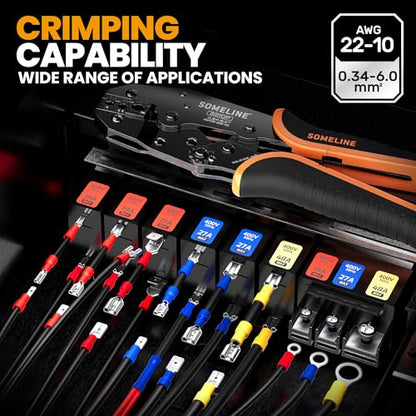 SOMELINE Wire Terminals Crimping Tool, with 45 Sizes Insulated Ratcheting Terminals Crimper Kit of AWG 22-10 Insulated Electrical Butt Bullet Spade Fork Ring Spade Splice Crimp Terminals