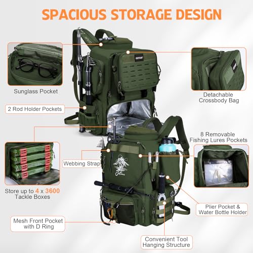 Goture Fishing Backpack with 4 Tackle Boxes,58L 900D Water-Resistant Tackle Backpack with Cooler,Rod Holders,8 Lure Pockets, Detachable Crossbody Bag,Gear Storage Large Fishing Bag for Camping Hiking - color: D1:green With 4 Tackle Boxes