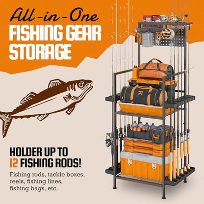 YQSLYSF Fishing Rod Holders for Garage with Pegboard & Metal Mesh Basket, Fishing Rod Storage Rack, Vertical Fishing Pole Holder for Up to 12 -24 Poles, Tackle Gear Organizer