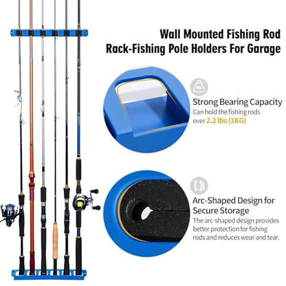 DZrudun Vertical Fishing Rod Holder for Garage Wall Mounted - 6 Rods Fishing Pole Storage Rack with Damage-Free EVA Grip, Interlocking Fishing Pole Holders for Garage Organization, Best Fish Gifts Men - style: Vertical Blue,1Pair