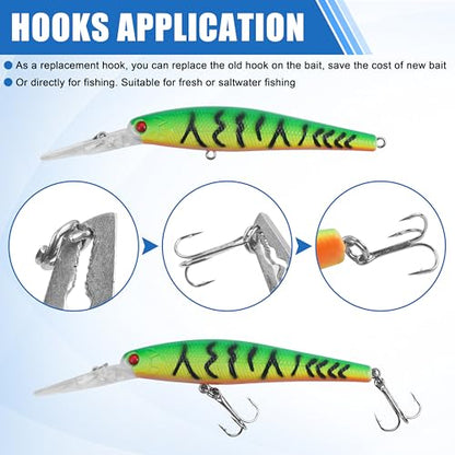 OROOTL Fishing Treble Hooks Kit, 120pcs Assorted Classic High Carbon Steel Treble Fishing Hooks Size 1 2 4 6 8 10 Round Bend Triple Hook for Saltwater Freshwater