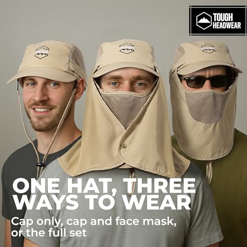 Tough Headwear Fishing Cap w/Face Mask & Neck Flap - Sun Protection Hat with UPF 50 -Landscaping Hats for Women and Men - color: Khaki