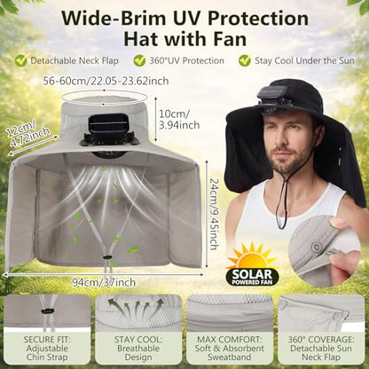 Maiteenly 2 Pcs Solar Fan Hat for Men with Neck Flap Bucket Fan Buit in Hats for Hiking Fishing Outdoor USB and Solar Powered - color: Black, Light Gray