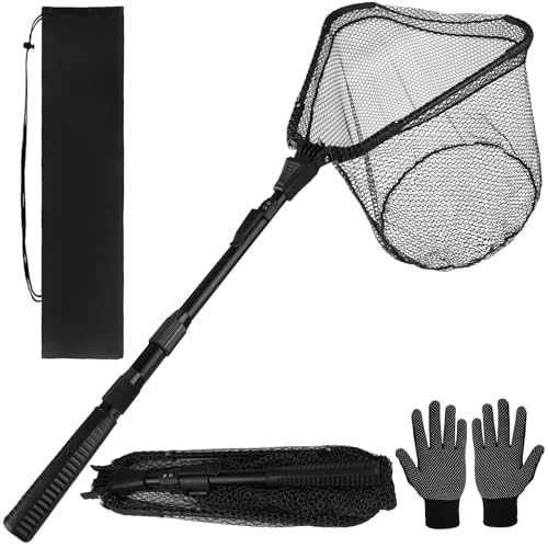 Yeahmart Fishing Landing Net with Telescoping Pole Handle, Foldable Fish Net Freshwater with Fish-Friendly Mesh for a Safe Release, Fishing Gear and Accessories for Men Women, Extend to 36-75 Inches