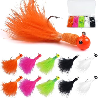 Crappie Jigs,30pcs Hand-Tied Marabou Hair Jig Heads with Feather 5 Colors Ice Fly Fishing Lures Bucktail Jig Fishing Teaser for Panfish Sunfish Walleye Hair Jig Bait 1/32 1/16 1/8 oz - color: 1/32(0.87g) - 30pcs