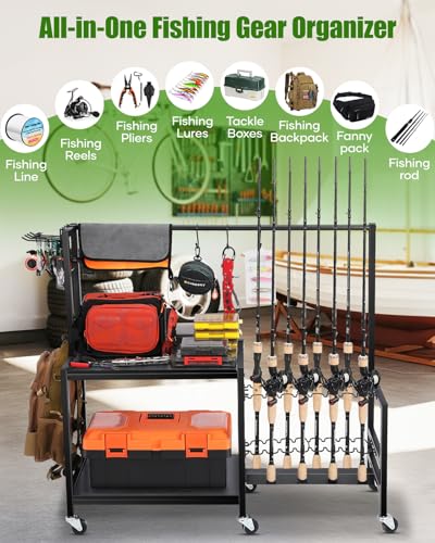 EXTCCT Fishing Rod Holders for Garage, Fishing Pole Rack Holds Up to 16 Rods with Hooks, Heavy Duty Rolling Fishing Cart with Wheels, Fishing Equipment Storage for Man's Gift (Black) - color: Black