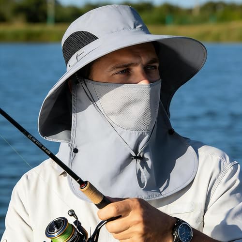 Sun Hat for Men and Women, UPF 50+ UV Protection, Wide Brim Breathable, Fish Hat with Neck Flap and Breathable Face Mask - color: Light Gray