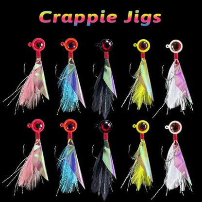 Crappie Jigs - Hand-Tied Jig Heads With Rainbow Skin Feather, Fishing Lures Kit for Bass, Walleye, Panfish, Sunfish - 1/32oz, 1/16oz, 1/8oz - color: 10pcs-1/16oz