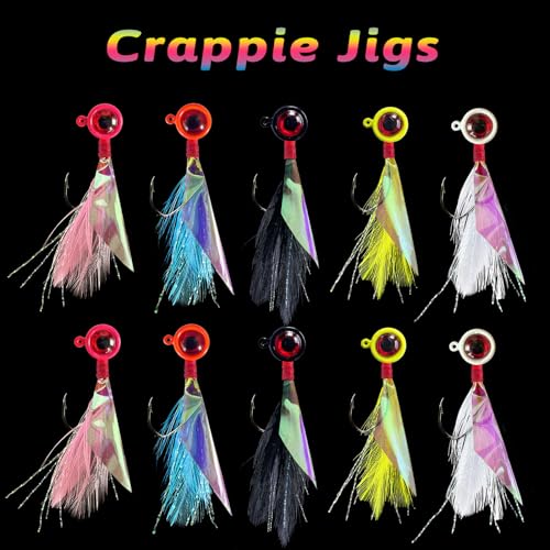 Crappie Jigs - Hand-Tied Jig Heads With Rainbow Skin Feather, Fishing Lures Kit for Bass, Walleye, Panfish, Sunfish - 1/32oz, 1/16oz, 1/8oz - color: 10pcs-1/32oz