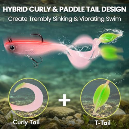 TRUSCEND Duramax Easy Catch Soft Fishing Lures with BKK Hook, Trembly Sinking & Vibrating Swim for More Bites, Pre-Rigged Curly & T-Tail Swimbait for Bass, Trout, Crappie, Freshwater Saltwater Fishing - color: A-2.5"-1/8oz