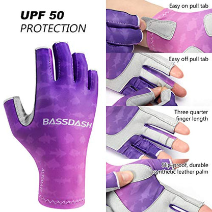 Bassdash ALTIMATE UPF 50+ Women’s Fishing Gloves UV Sun Protection Fingerless Gloves for Kayaking Paddling Hiking Cycling Driving Shooting Training - color: Gradient Purple, size: Medium