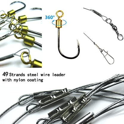 Fishing Hook with Leader,5 Hooks Fishing Rig-7 Strands Nylon Coated Fishing Leader with Swivle,Snap,Hooks - size: 12#