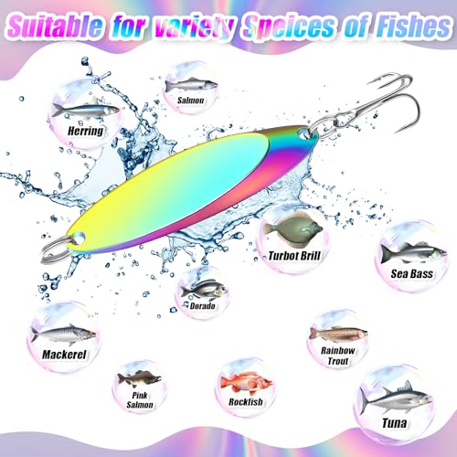 HESTYA Fishing Lures Spoons Saltwater Treble Trout Lures Hard Metal Spinner Baits 5 Sizes Casting Spoon Hooks for Salmon Bass in 1/5 1/4 3/8 1/2 3/4 oz - color: Holographic