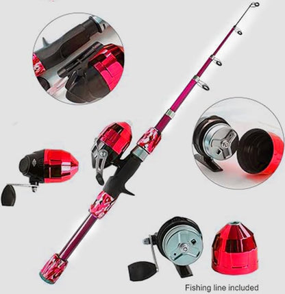 Kids Fishing Pole Spincast Youth Fishing Pole Tackle Box - with Net,Travel Bag,Rod and Reel Kit for Boys and Girls, Youth or Beginner’s - color: Pink