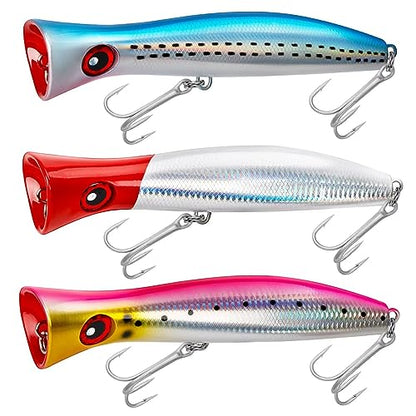 THKFISH Topwater Saltwater Fishing Lures GT Popper with 3X Strong Hook, Surf Fishing 1pc / 3pcs - color: 3pcs 3Colors (BlueLaser+RedLaser + Pink)