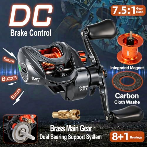 SOUGA DC Baitcaster Reel, Smart Digital Anti Backlash Baitcasting Reel, 7.5:1 High Speed, 8+1 Bearings, 18LB Max Drag, CNC Aluminum Spool, Line Out Alarm, Low Profile Fishing Reel for Bass & Beginners