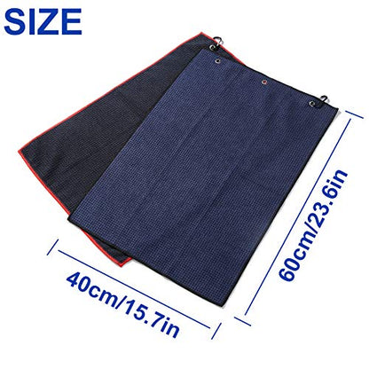2 Pack 16" x 24" Tri-fold Golf Towel Set, Microfiber Fabric Waffle Pattern Towels, Heavy Duty Carabiner Clip (2 Pcs, 2 Colors) - color: 3: Black (Red Edge) + Navy Blue (Black Edge)