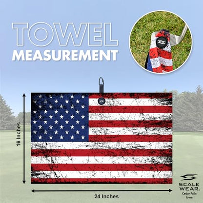 Magnetic Microfiber Waffle Golf Towel – Patriotic USA Flag Large 16"x24" Clean Golf Club Ball Magnet Clip Hang Bag Cart Strong Ultra Absorbent Gear USA Flag Men (Distressed Flag) - color: Distressed Flag