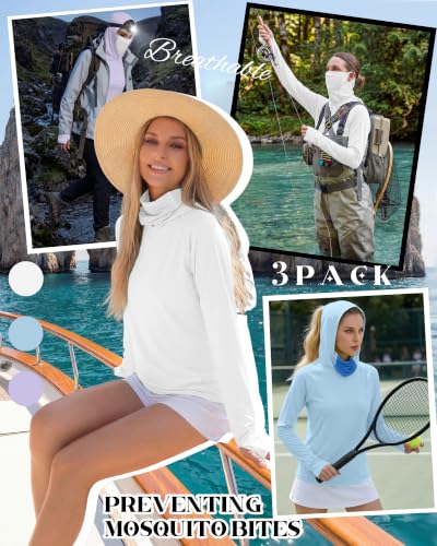 Xaatren 3 Pack Women's UPF 50+ Sun Hoodies with Face Mask Thumb Holes Quick Dry Fishing Shirts UV Protection Hiking Shirt - color: Purple, Blue, White, size: XX-Large