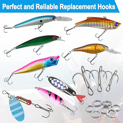 Fishing Treble Hooks Kit,190pcs High Carbon Steel Strong Sharp Treble Hooks Round Bend with Split Rings Triple Hook for Lures Baits Saltwater Freshwater Fishing Gear - color: Black Mixed