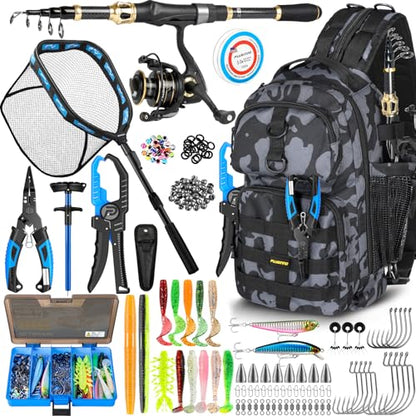PLUSINNO Fishing Gear- Fishing Rod and Reel Combos, Fishing Backpack, Fishing Net, Fishing Bag with Rod Holders and Tackle Box for Freshwater/Saltwater, Fishing Gifts for Men - style: Black Backpack Tools With Rod&net