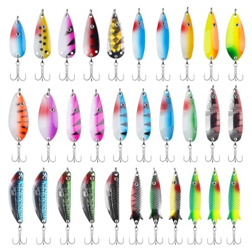 Fishing Spoons Lures Kit, 30pcs Metal Spoon Fishing Lures Assortment Spinner Baits Trout Lures Casting Trolling Spoons with Treble Hooks for Bass Pike Walleye Saltwater Freshwater