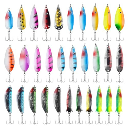 Fishing Spoons Lures Kit, 30pcs Metal Spoon Fishing Lures Assortment Spinner Baits Trout Lures Casting Trolling Spoons with Treble Hooks for Bass Pike Walleye Saltwater Freshwater