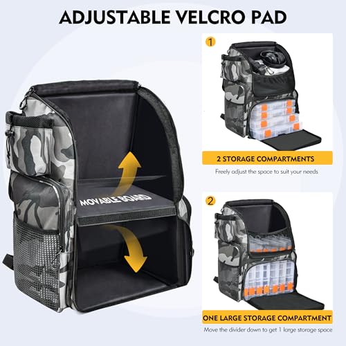 MGB 46L Water-resistant Fishing Tackle Backpack with Rod Holders, Fishing Gifts - color: Grey+black Camo（without Tackle Box）