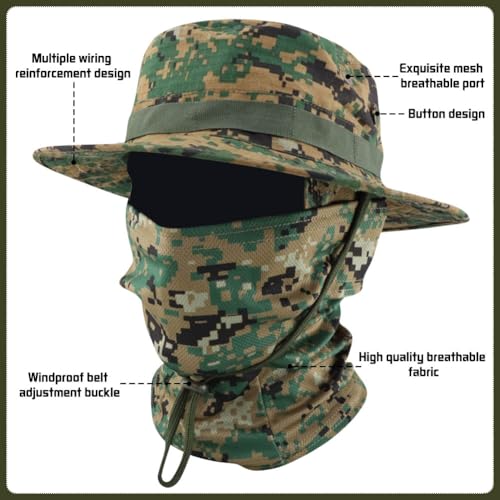 Camo Boonie Sun Hat with Balaclava Face Mask UV Protection Fishing Hat Bucket Hat for Hunting Hiking Military Tactical Safari - color: Camo Digital Green