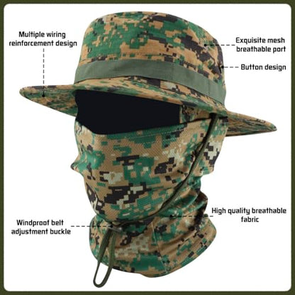 Camo Boonie Sun Hat with Balaclava Face Mask UV Protection Fishing Hat Bucket Hat for Hunting Hiking Military Tactical Safari - color: Camo Digital Green