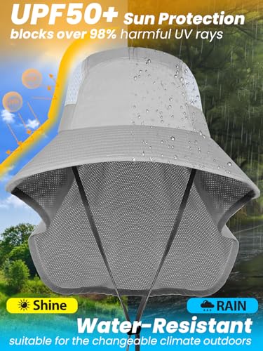 Sun Hats for Women UV Protection with Neck Flap Wide Brim Beach Hats with Ponytail Hole for Hiking Fishing Gardening Travel - color: Light Grey