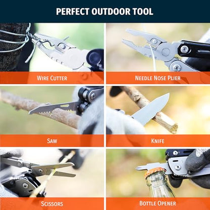 12-in-1 Multitool Pliers with Safety Lock, Fire Starter & Whistle, Stainless Steel Pocket Knife, Camping Multitool with Detachable Scissors for Outdoor Survival, EDC Gear - style: 12 IN 1