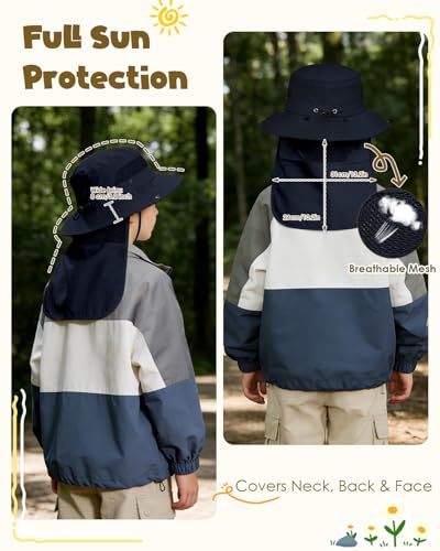 Century Star Kids Sun Hat with Detachable Neck Flap,UPF 50+ Windproof Waterproof Beach Bucket Hat Outdoor Fishing Safari - color: Navy Blue