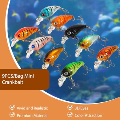 9PCS/Bag Mini Crankbait, Bass Fishing Lures Kit Set, 3D Eye Panfish Lures Plastic Crankbait Fishing Lures Hooks Topwater Hard Baits for Saltwater/Freshwater Fishing, 4.5cm/4g