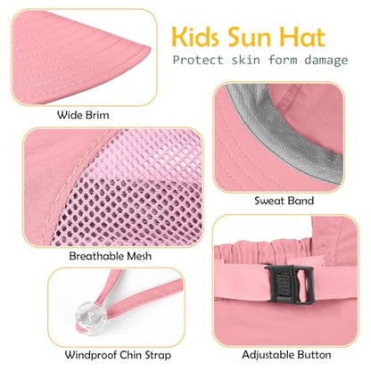 Kids Sun Hat UPF50+ Summer Beach Play Sun Protection Hats with Neck Flap for Ages 5~14 Girls Boys - color: Blue＆pink