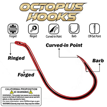 Octopus-Hook-Fishing-Beak-Circle-Hooks-Freshwater-Red-Black-100-50 Pack - color: 1-Red, size: Size:2 50-Pack