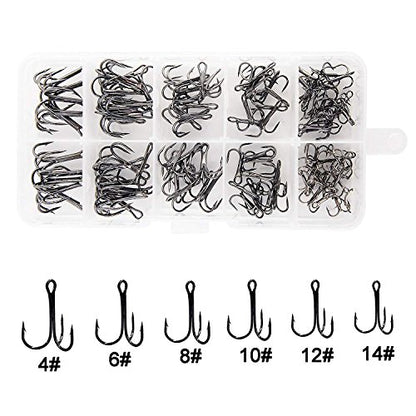 Fishing Treble Hooks Kit High Carbon Steel Treble Fishing Hooks Ring Set Strong Sharp Round Bend for Trout Bass Catfish Lures Baits Freshwater Saltwater