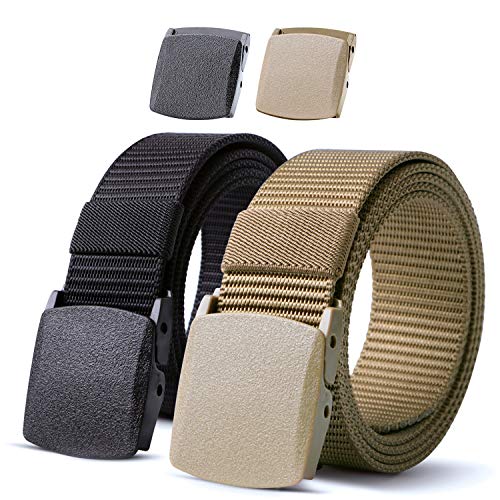 JASGOOD 2 Pack Nylon Web Belt Outdoor Military Men’s Metal Free Belt with TSA Plastic Buckle - color: A-black+green Khaki, size: Fits Pant Up To 54"