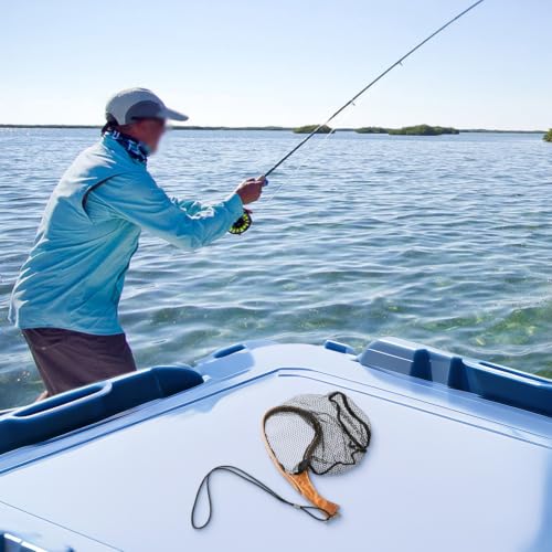 Fly Fishing Net Wooden Frame Landing Catch Release Net Ergonomic Handle Hexagonal Mesh Fish Friendly Design for Stream River Fly Fishing Outdoor Sports Equipment Natural Wood Finish